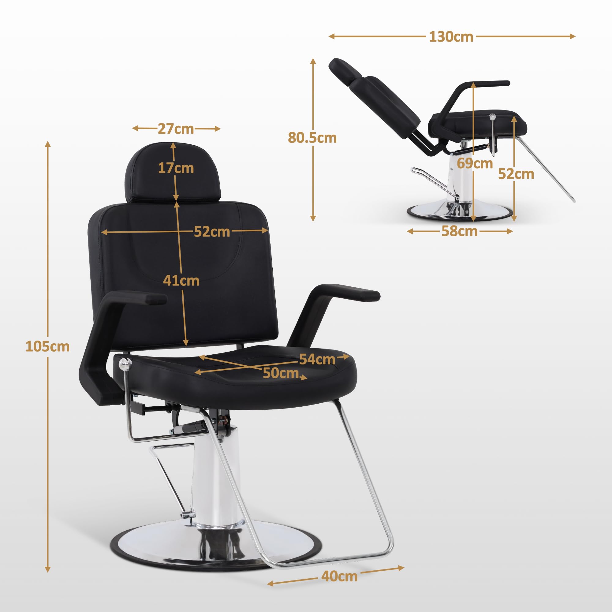 Barberpub Friseurstuhl mit Kopfstütze, Hydraulikpumpe 360° Drehbar, Höhenverstellbar, PVC Kunstleder, Schwarz