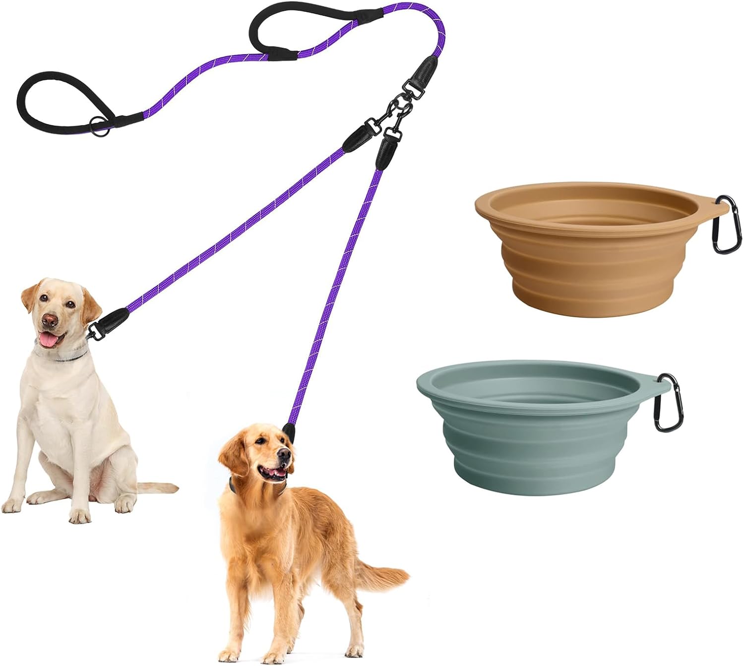 PetBonus Rope Double Dog Leash and 2-Pack Large Silicone Collapsible Dog Bowls