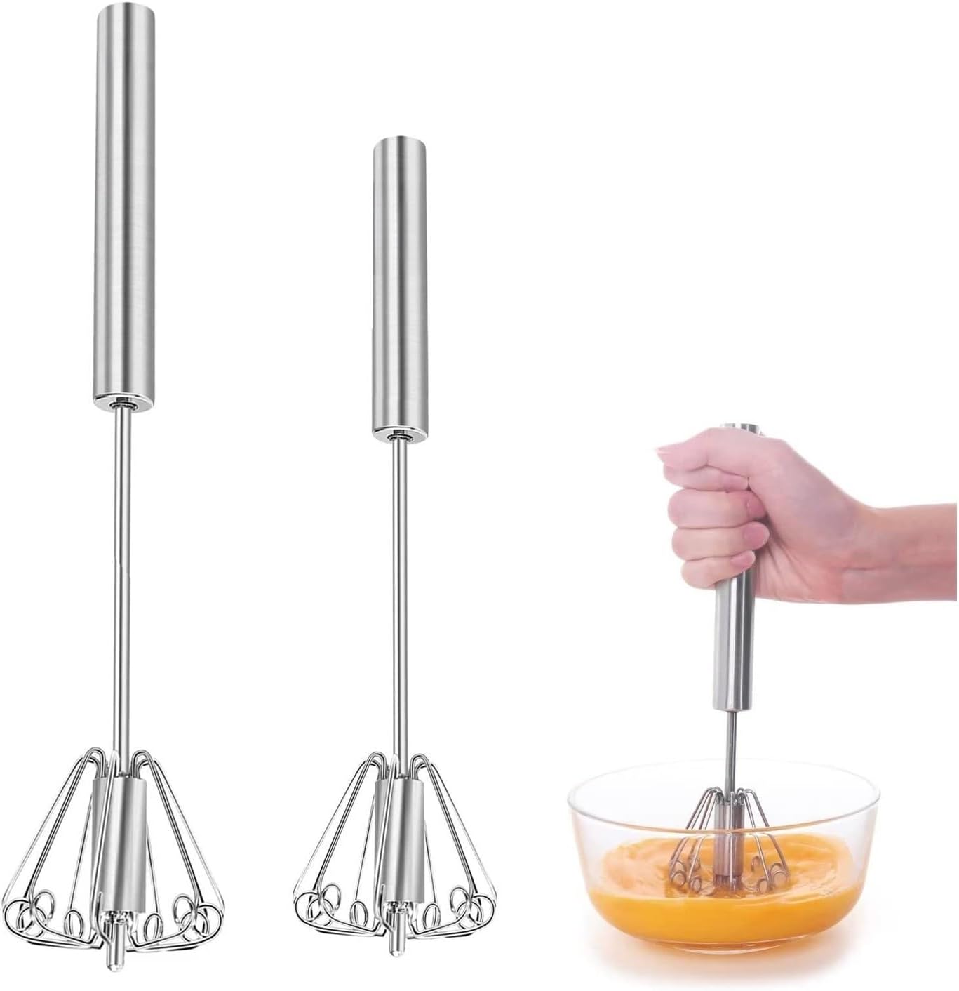 Whisk, Stainless Steel Semi Automatic Blender for Home -Versatile Tool for Egg Beater, Milk Frother, Hand Push Whisk - Kitchen Utensil for Blending, Whisking, Beating & Stirring(2,2 Pcs (12"+12"))