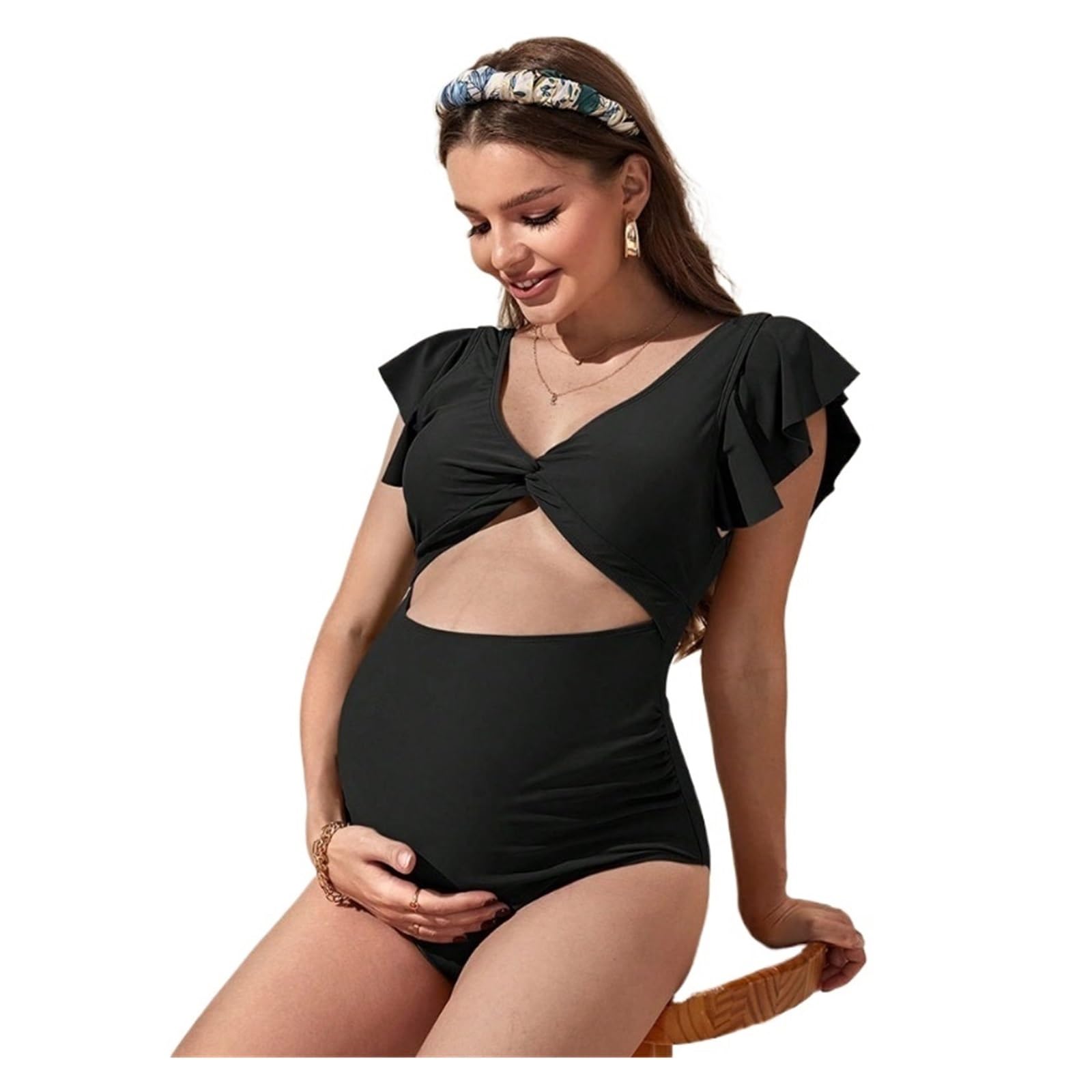 Maillot de Bain Une pièce for Femme Enceinte, décolleté en V, ajouré, for la Plage(Black,S)