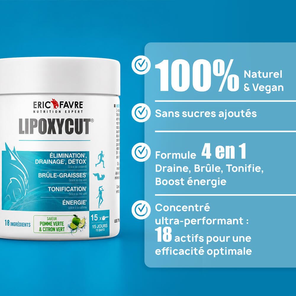 LIPOXYCUT FAT & SUGAR - Complément Alimentaire - Formule 4 en 1 avec L-Carnitine, Thé Vert, Café Vert & Vitamines - Faible en Sucres - 120g - Boisson Pomme Verte, Citron - Eric Favre