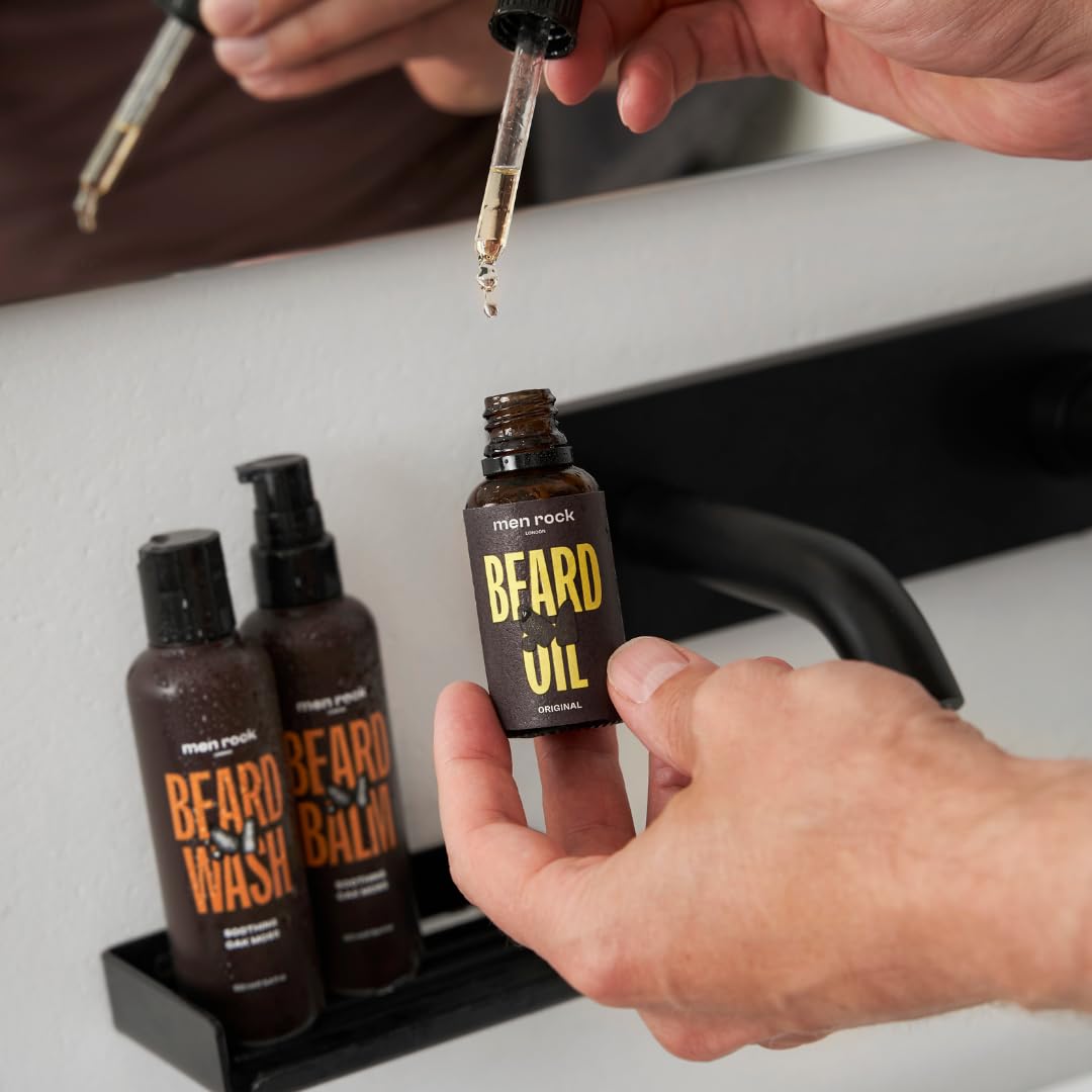 Men Rock Beard Care Gift Set with Beard Wash, Beard Balm and Beard Oil to Keep Beard Under Control, Earthy Oak Moss Fragrance 2 x 100ml, 1 x 30ml