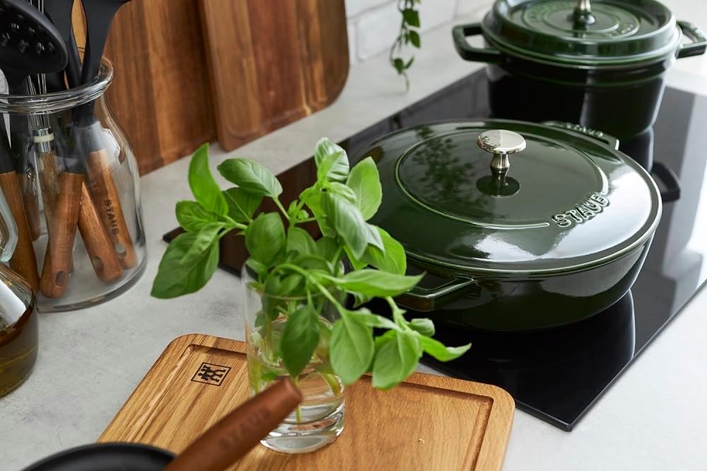 Staub 40511-479 Braiser Saute Pan, Basil Green, 9.4 inches (24 cm), Double-Handed, Cast Iron, Enameled Pot, Shallow Type, Sukiyaki, Induction Compatible