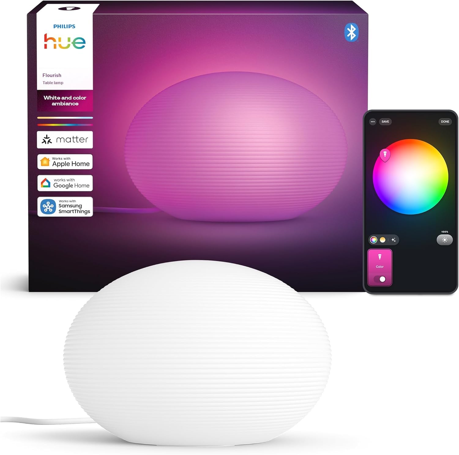Philips Hue Flourish lampada da tavolo, Lampada da comodino 1.100 lm con lampadina A60 inclusa, Illuminazione camera da letto con luce bianca e colorata dimmerabile, Compatibile con Matter e Zigbee