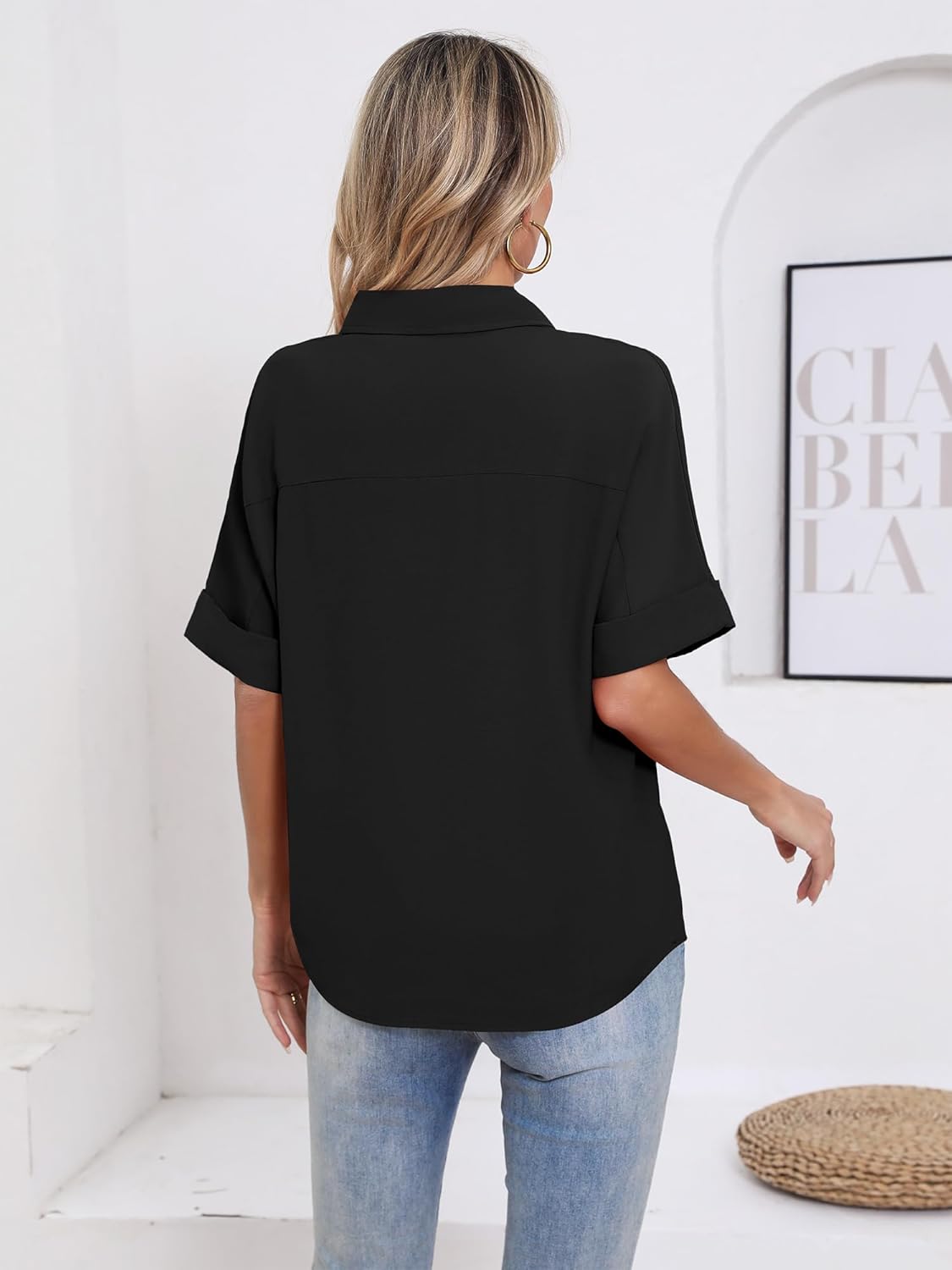 Women's Casual Blouse Loose Fit Short Sleeve Shirt V-Neck Collared Top, Dressy Work Blouse for Office Black S - Image 4