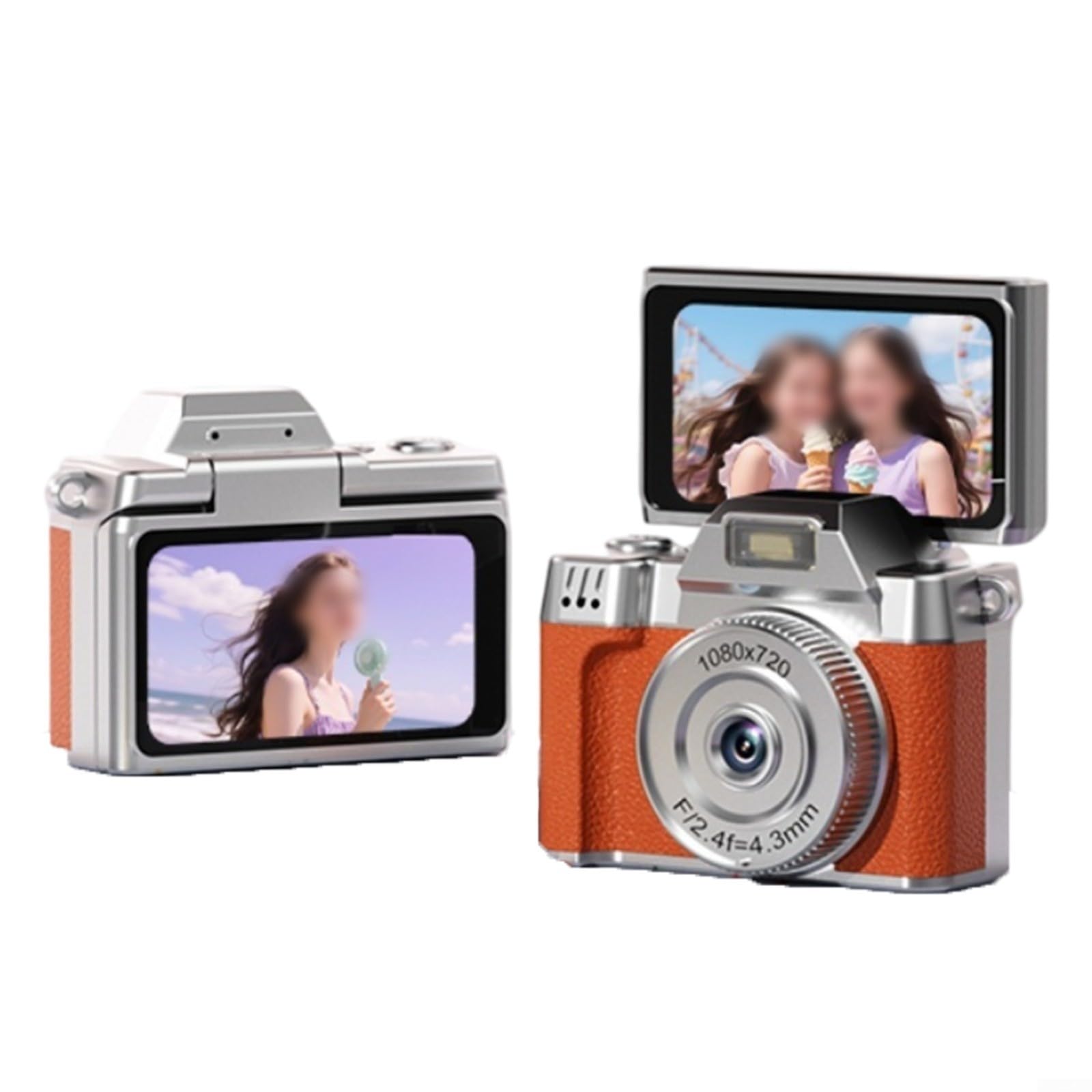 Risveglio for mini Digital Camera 4.5x3.5x2.8cm, Flip Screen CCD Camera for Students Kids Vlogging School Gifts(Orange)