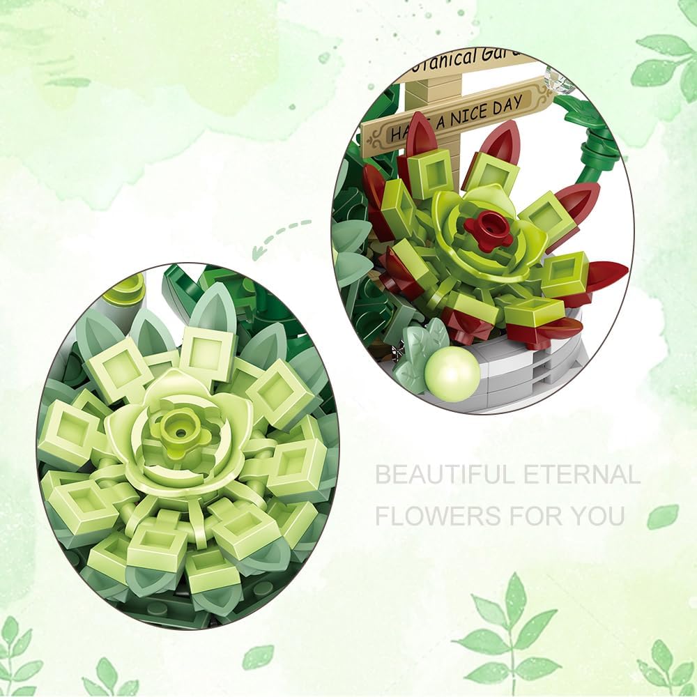 Close-up view of a green succulent built with LOZ Mini Blocks