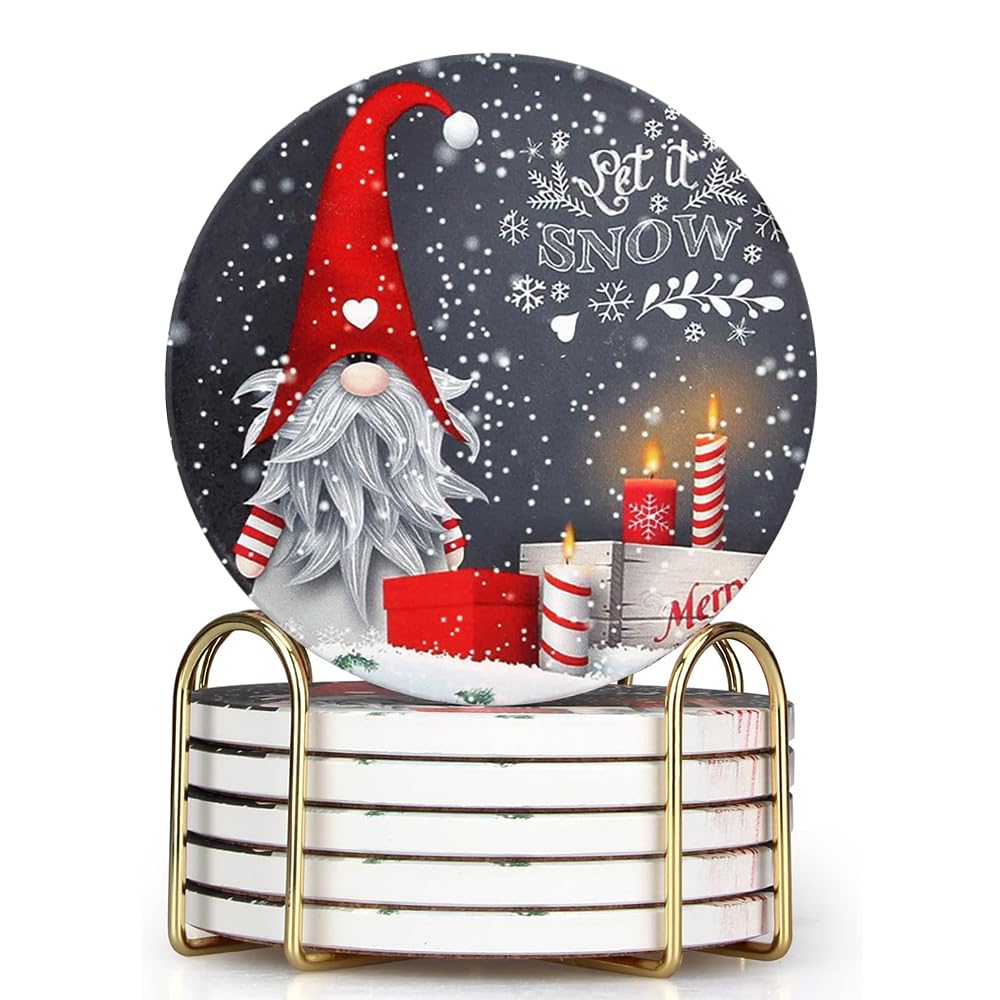 6 Pack Ceramic Christmas Coasters Gift Cute Cool Coaster Set with Holder Xmas Drink Coasters for Christmas Coffee Table Funny Coasters Snowman Gnome Desk Bar Kitchen Accessories
