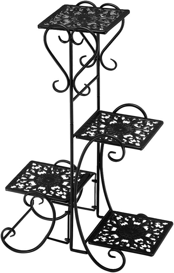VINGLI Metal Plant Stand Flower Holder Racks 4 Tier Shelves Patio Stand Holder Outdoor Displaying Plants Flowers (Black- Pattern Style)