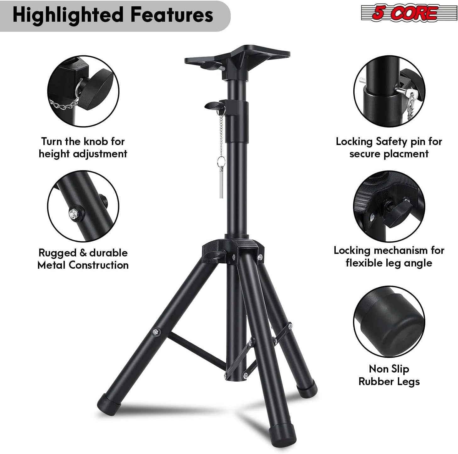 5 Core Speaker Stand Tripod Heavy Duty Adjustable for PA DJ Stage & Event Telescoping Height up to 36″ Universal 35 mm Mount - SS HD 1PK 3FT BLK WOB