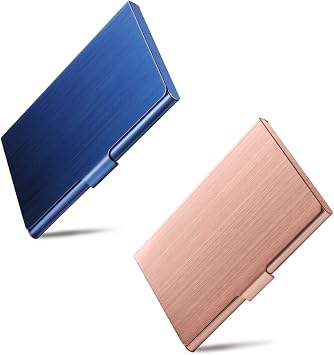 Business Card Holder, Slim Business Card Case for Men & Women, Pocket Metal Card Case, Professional Stainless Steel Business Card Holders, Buckle Style Shut, 1PCS Rose Gold and 1PCS Blue