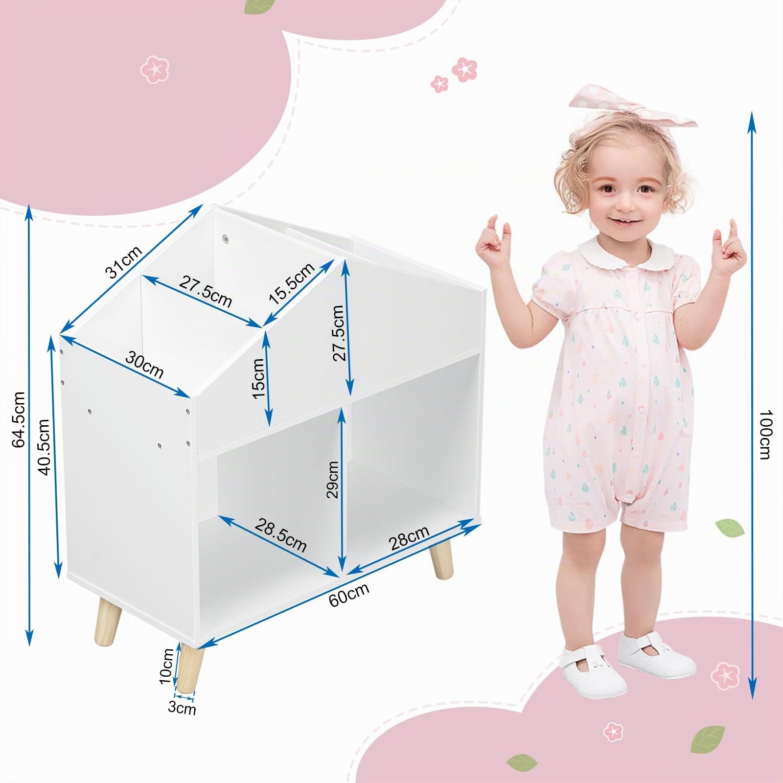 Lestarain Bibliothèque pour Enfants, Montessori, Étagère à Livres/Jouets en MDF pour Enfants, avec 6 Compartiments Ouverts et 4 Pieds en Bois Massif, Blanc, 60x30x64,5cm