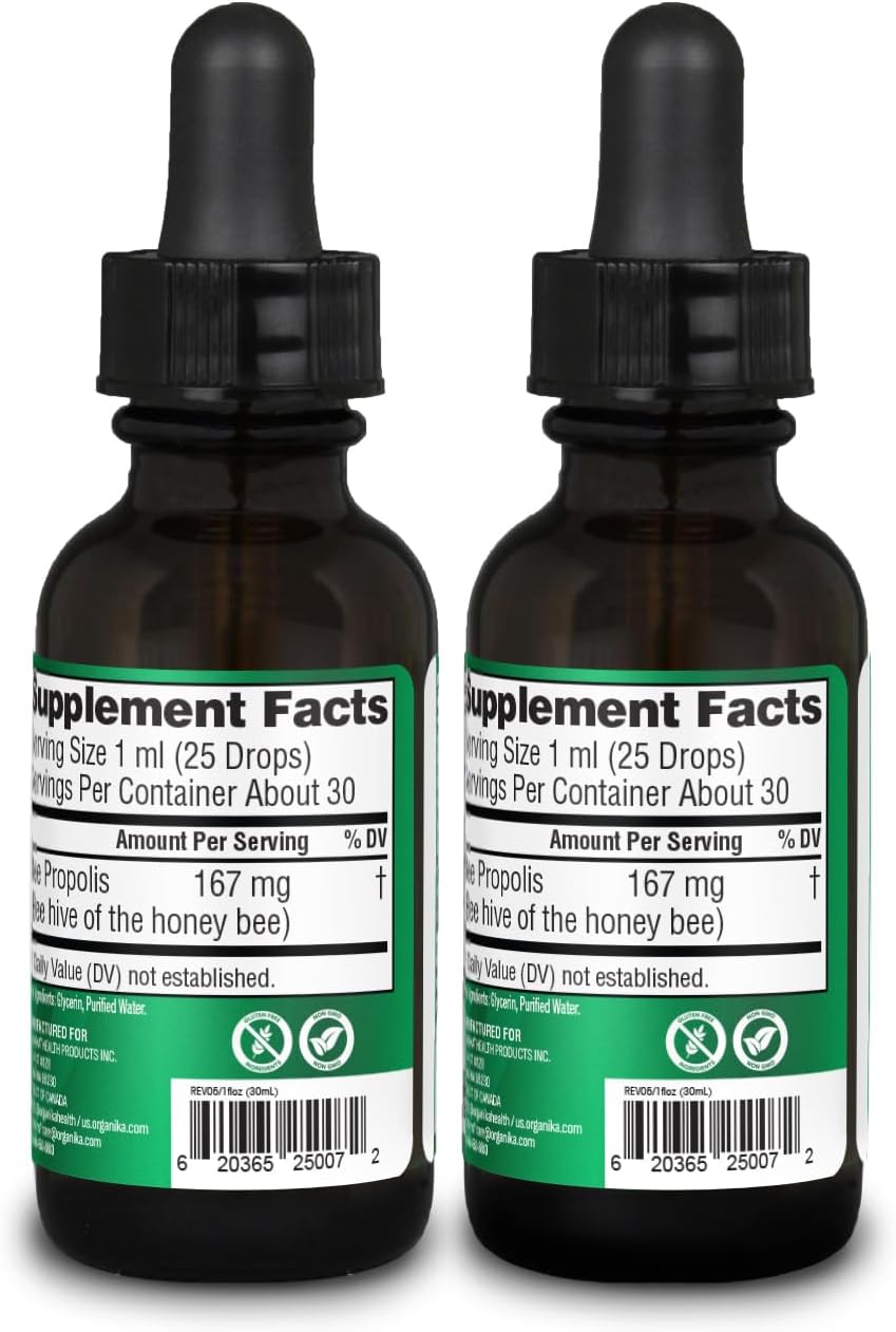 Organika Bee Propolis Tincture 1 oz x 2 Pack: Clean and Vegan Propolis Extract for Immune Defenses, Throat, and Breath - Free of Gluten, GMO, & Artificial Flavors - 20 Day Prop Drops Supply