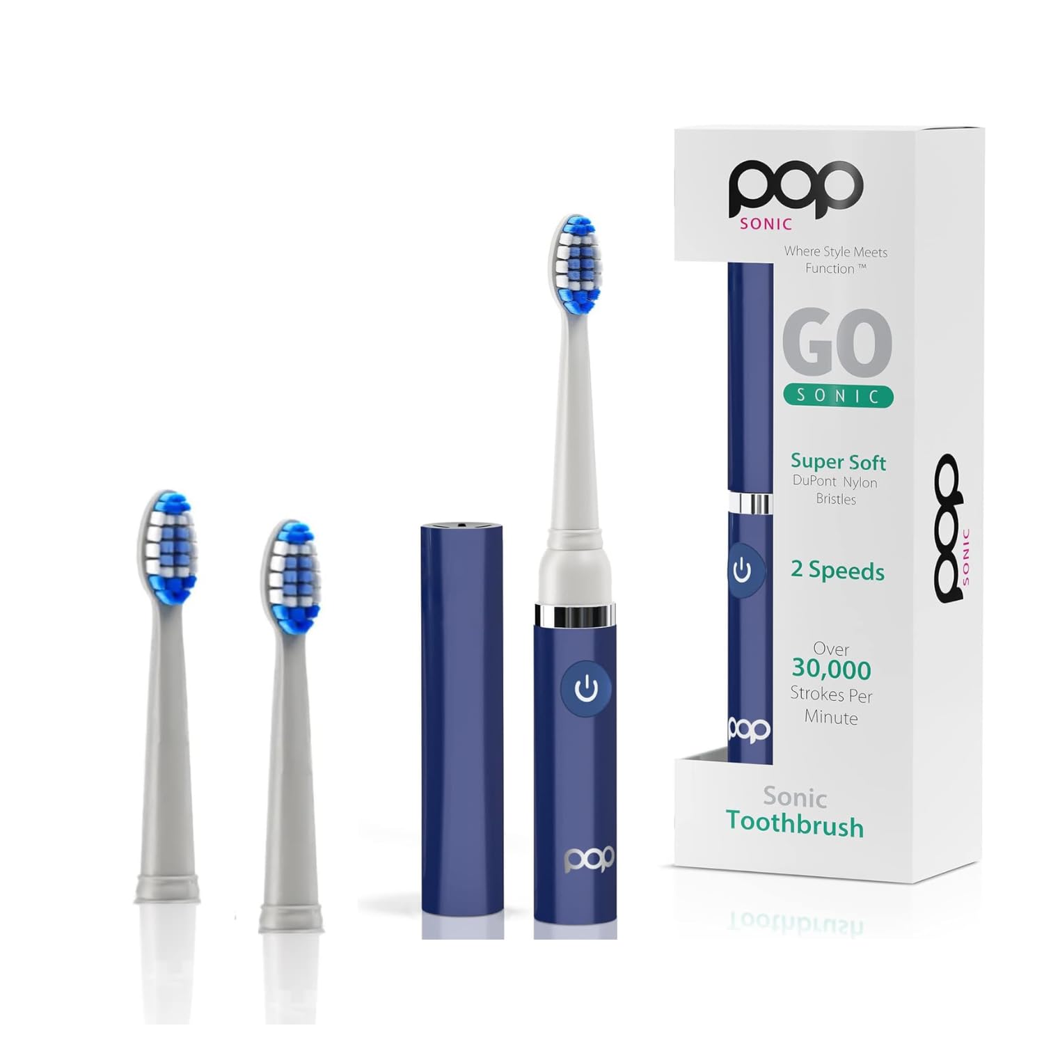 Pop Sonic Electric Toothbrush (Navy + 2 Brush Heads) - Travel Toothbrushes w/AAA Battery | Kids Electric Toothbrushes with 2 Speed & 15,000-30,000 Strokes/Minute, Dupont Nylon Bristles