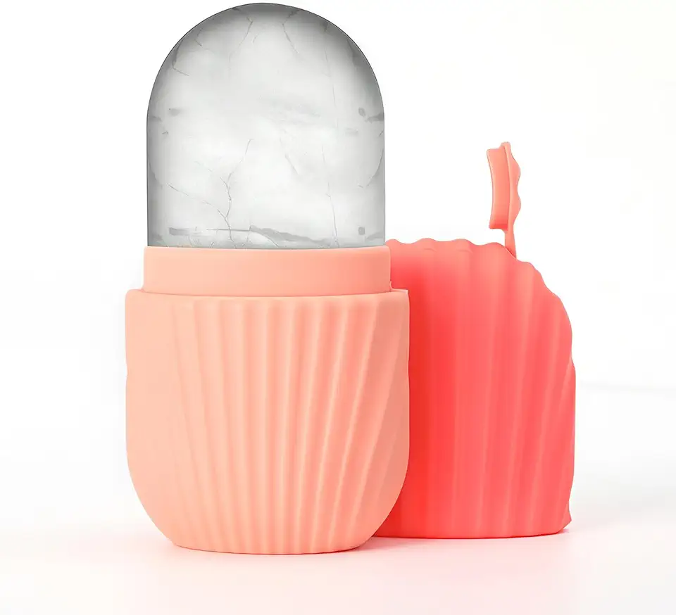 Massageador de rolo de gelo para rosto e pescoço, molde de gelo de silicone reutilizável para refrescar a pele, ferramenta natural de cuidados com a pele (rosa)