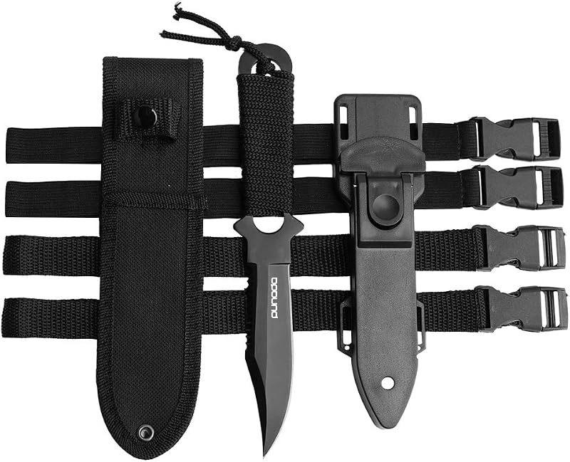 Cuchillo de buceo: cuchillo de buceo con funda, 2 tipos de funda, 2 pares de correas para las piernas del muslo, tijeras de cuchillos de buceo premium negras para pesca submarina al aire libre, snorkel