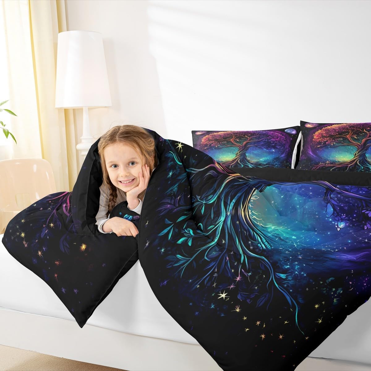 Castle Fairy Boho Life Tree Comforter Set Toddler Size Western Magical Style Bedding Set Bedroom Decor Dreamy Galaxy Nebula Quilt Set for Kids Boys Girls Nature Tree Duvet Insert 2Pcs