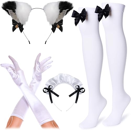 Vista 5 de Conjunto de disfraz de cosplay de sirvienta de gato francés de anime con delantal, tocado, guantes y calcetines, Negro, 5XL