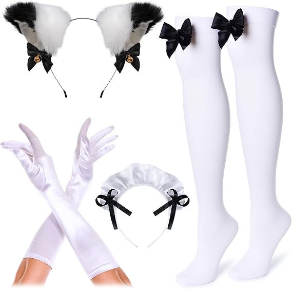 Anime French Cat Maid Apron Fancy Dress Cosplay Costume Headwear Gloves Socks Set(Black S)