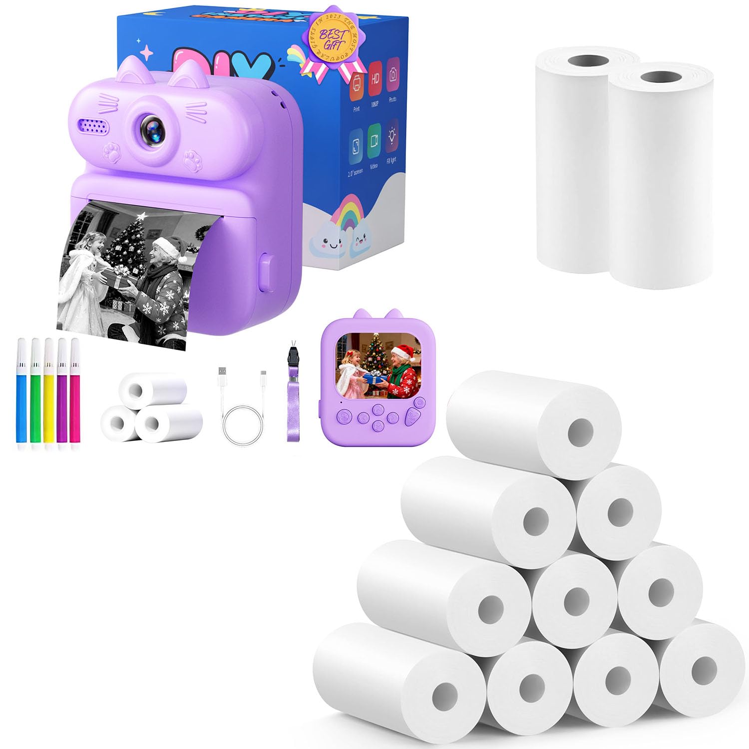 Kids Camera Instant Print - Purple Cat with 12 Rolls Refills Paper