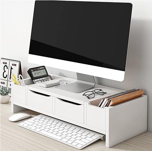 ZYFAB Soportes de madera para monitor que ahorran espacio, organizador de escritorio con cajón de 2 niveles, soporte de escritorio para computadora