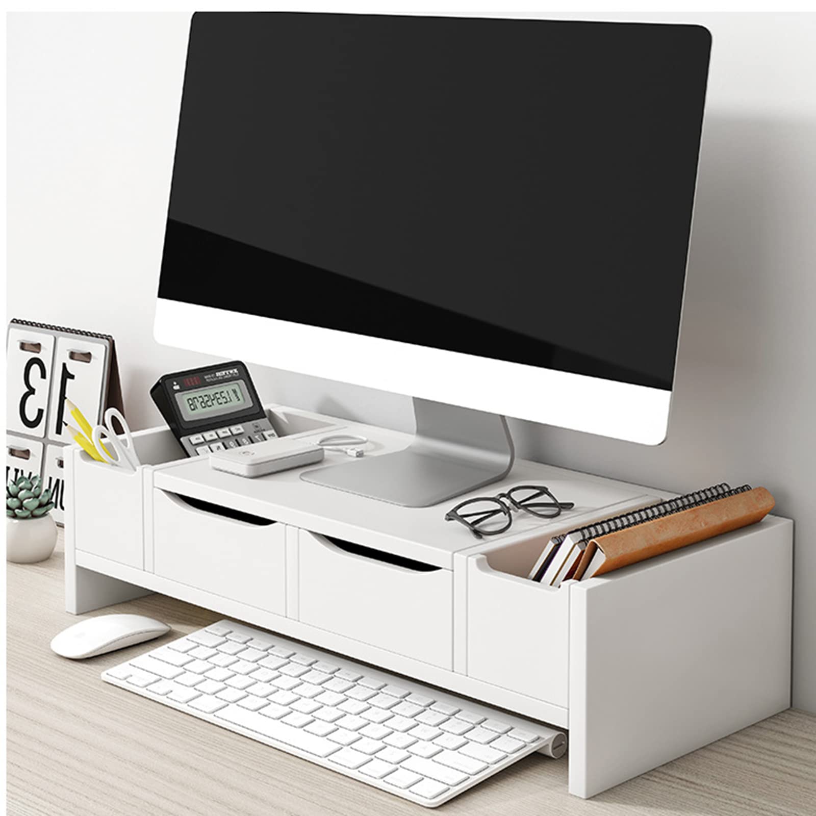 Supporto per monitor in legno bianco con cassetto, 2 ripiani, per TV Comter e TV a schermo piatto, salvaspazio, per casa, ufficio e configurazione di gioco
