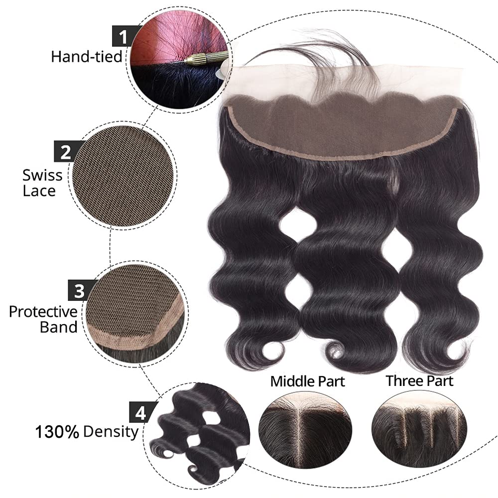 Human Hair Bundles with Frontal (14 16 18 20+12, Natural Black) Brazilian Virgin Body Wave Human Hair 4 Bundles with 13 * 4 Lace Front 100% Unprocessed Hair Weave and Ear To Ear