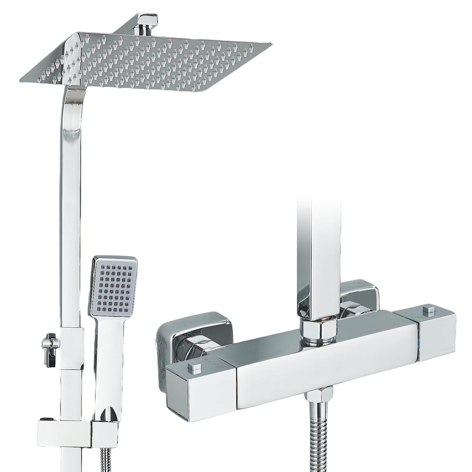 Thermostatique Colonne de Douche Chromé avec Mélangeur Réglable en Hauteur Ensemble de Douche 25x25cm Pluie Pommeau de Douche Carré avec Douchette à Main Acier Inoxydable