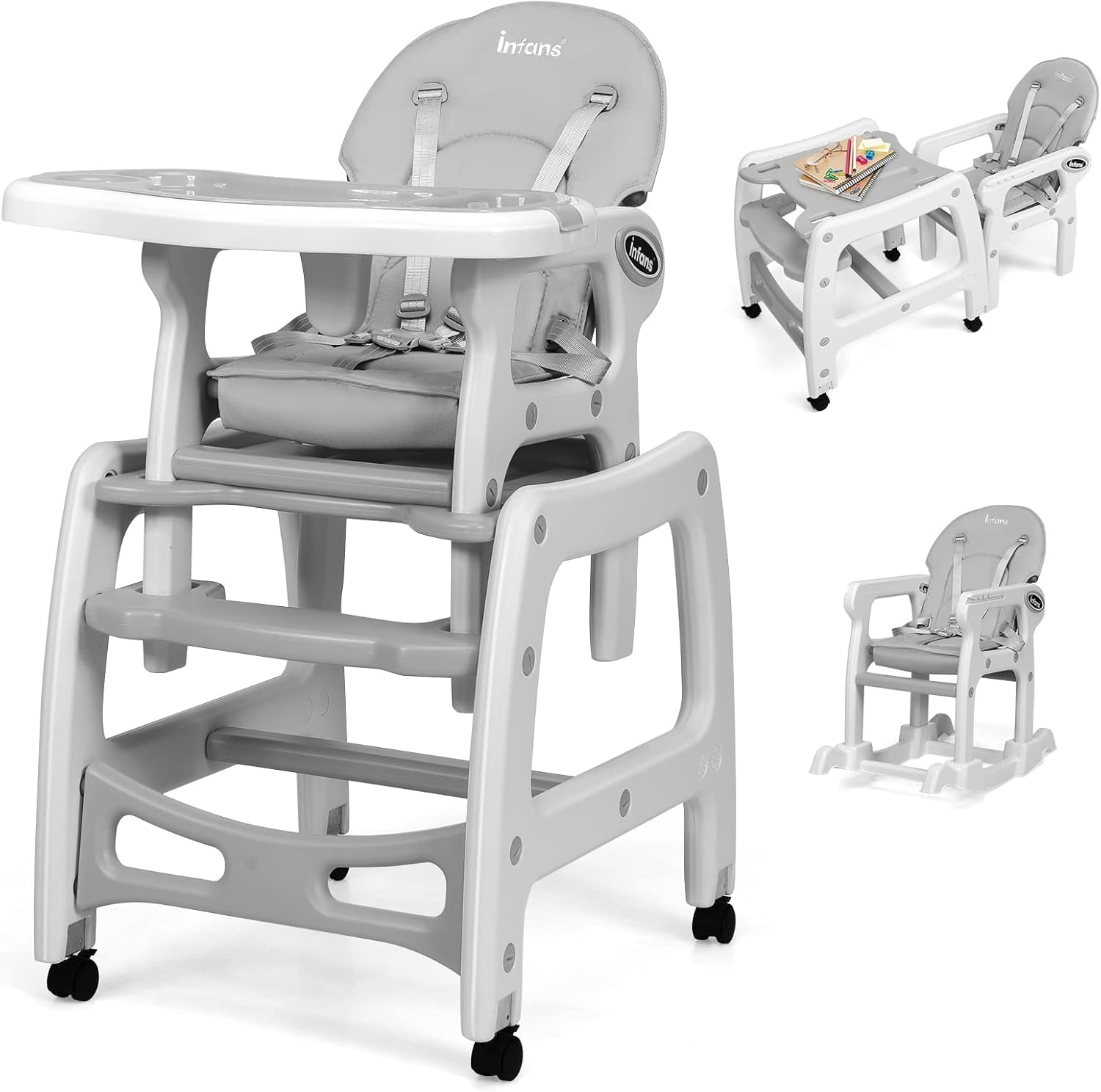RELAX4LIFE 5 en 1 Trona Evolutiva Bebe con 4 Ruedas Bloqueables, Doble Bandeja Extraíble, Respaldo Ajustable y Cinturón de Seguridad, Trona Portátil para Niños de 6-36 Meses, Carga 20kg (Gris)
