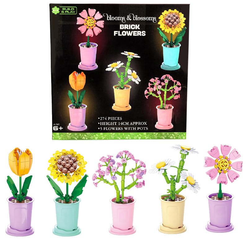 Blooms & Blossoms Brick Flowers Building Set, 274 Pieces, 5 Flowers with Pots, Ages 6+, 14cm