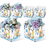 Tanlade 6 Pcs Baby Shower Flower Boxes Centerpieces Decorations Floral Baby Boxes with Letters Baby Shower Box Block for Tables Boy Girl Gender Reveal Birthday Decor Without Flowers (Blue Bear)