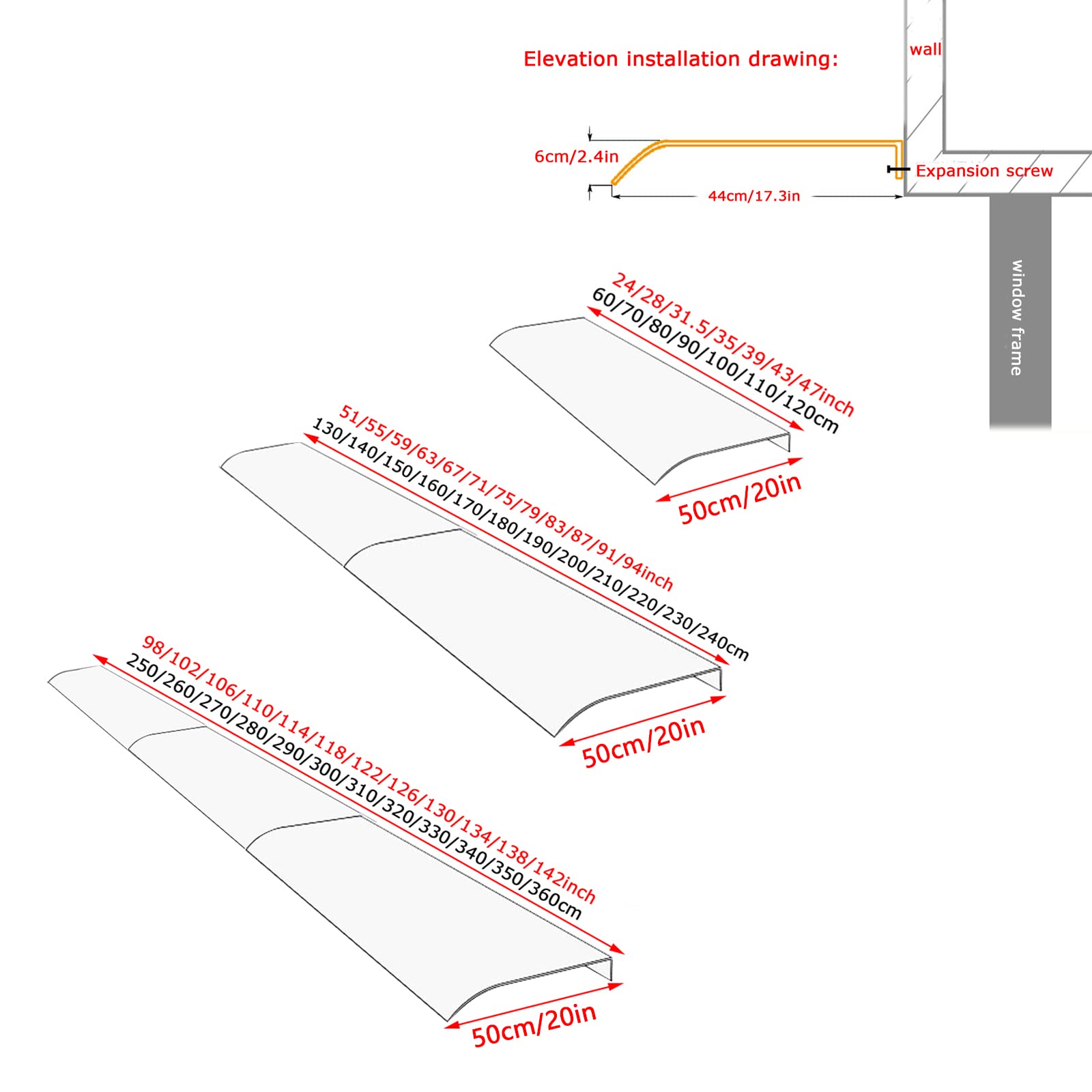 Toldo arqueado, toldo invisible para puerta delantera, toldo para exteriores, 100 % transparente, toldo para ventana, cubierta de lluvia de policarbonato para jardín, patio, techo, entrada, decoración