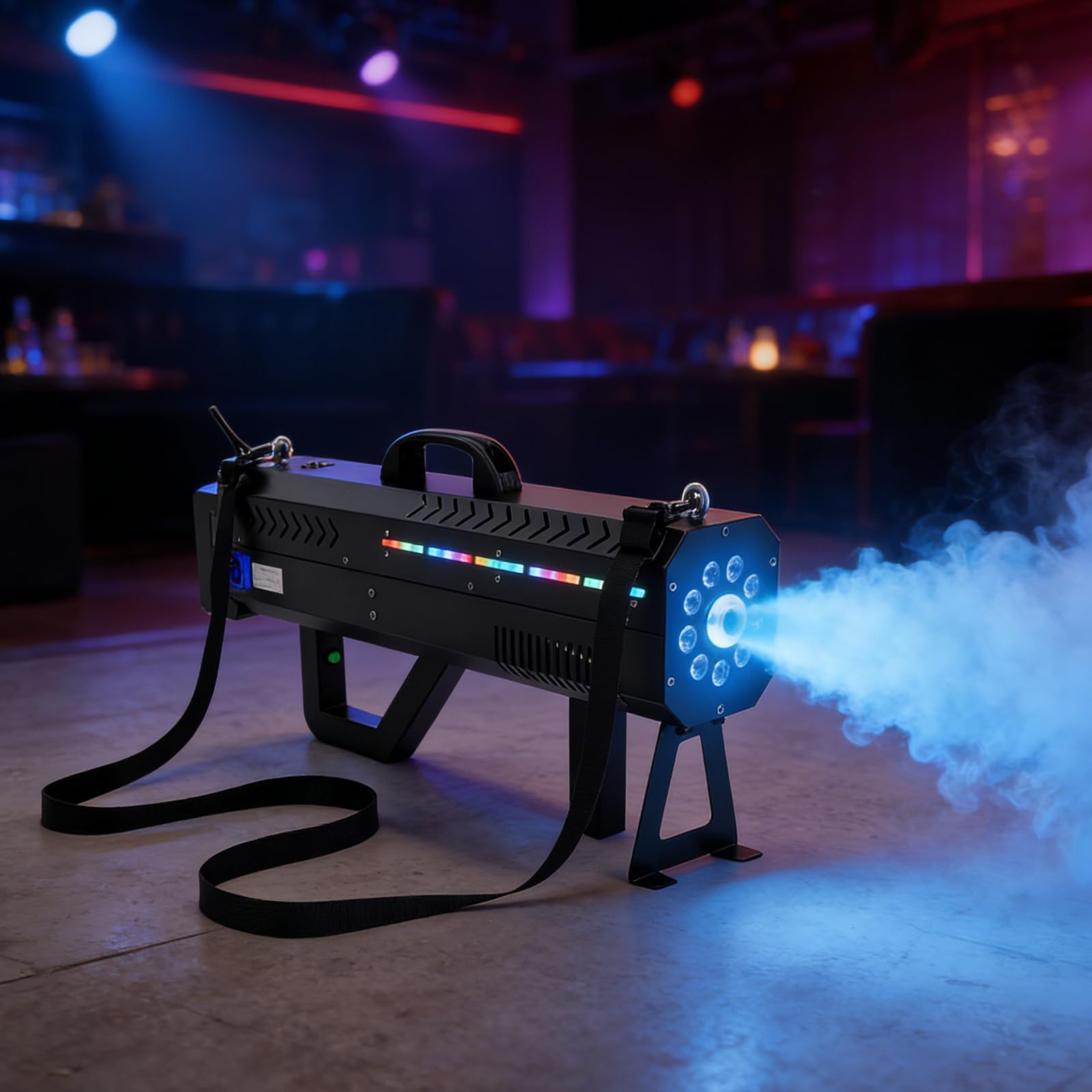 Handheld Nebelmaschine 1500W mit RGB LED-Lichtern, Schultergurt & Ständer | tragbar Rauchmaschine für DJ, Disco, Hochzeiten, Halloween, Stimmungsvolle Effekte für Partys und Bühnen