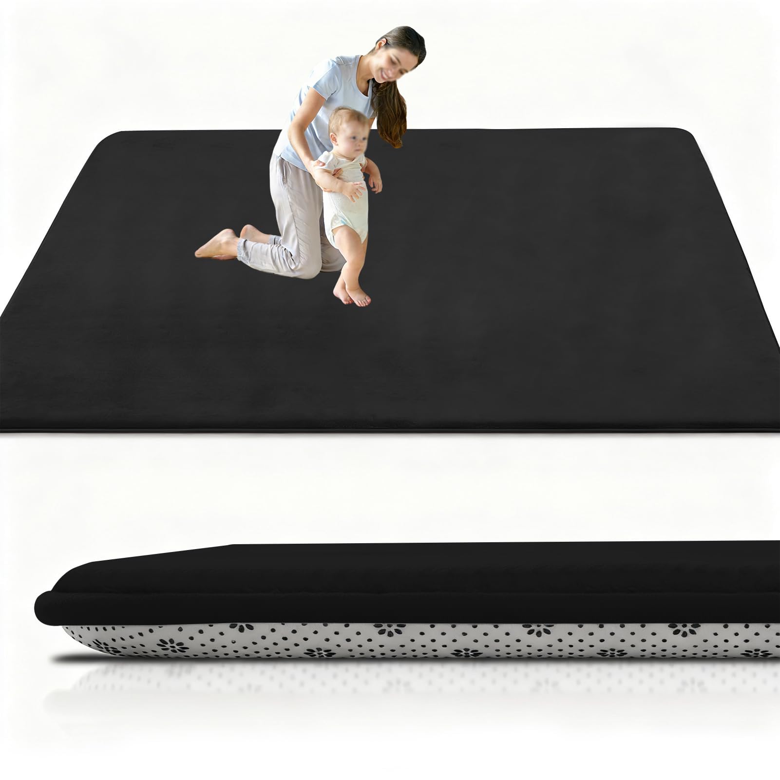 Tappeto Gioco Bambini Addensare Tappeto Gioco Neonato, 80 x 180 cm Nero per Bambini Pieghevole Antiscivolo Lavabile in Lavatrice per Box, Tappetino per Abilità Motorie