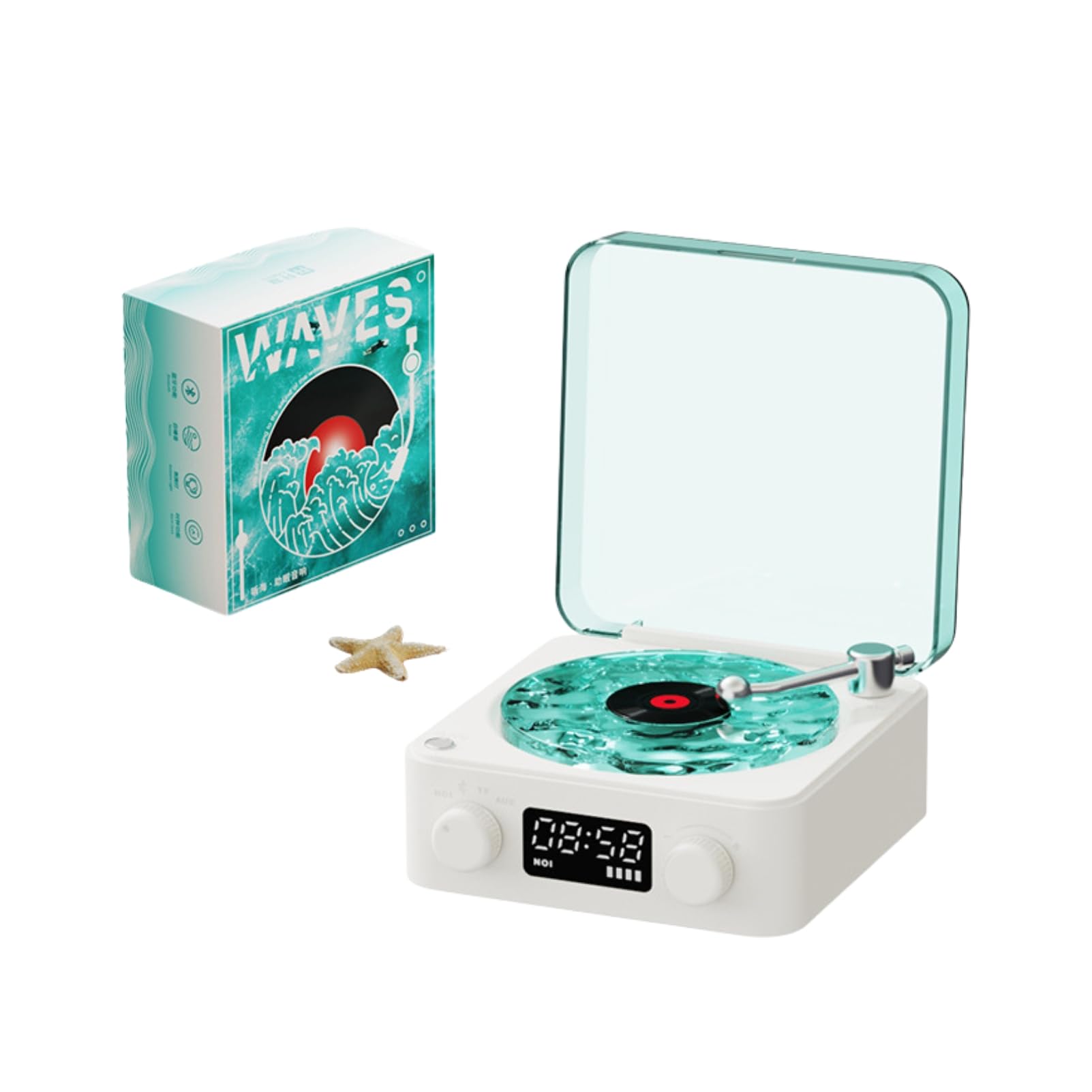 Waves Haut,Parleur Bluetooth Vintage, Lecteur Stéréo Portable avec Veilleuse et Affichage de L'Heure pour Chambre Bureau Fête – 1500 mAh Batterie Intégrée