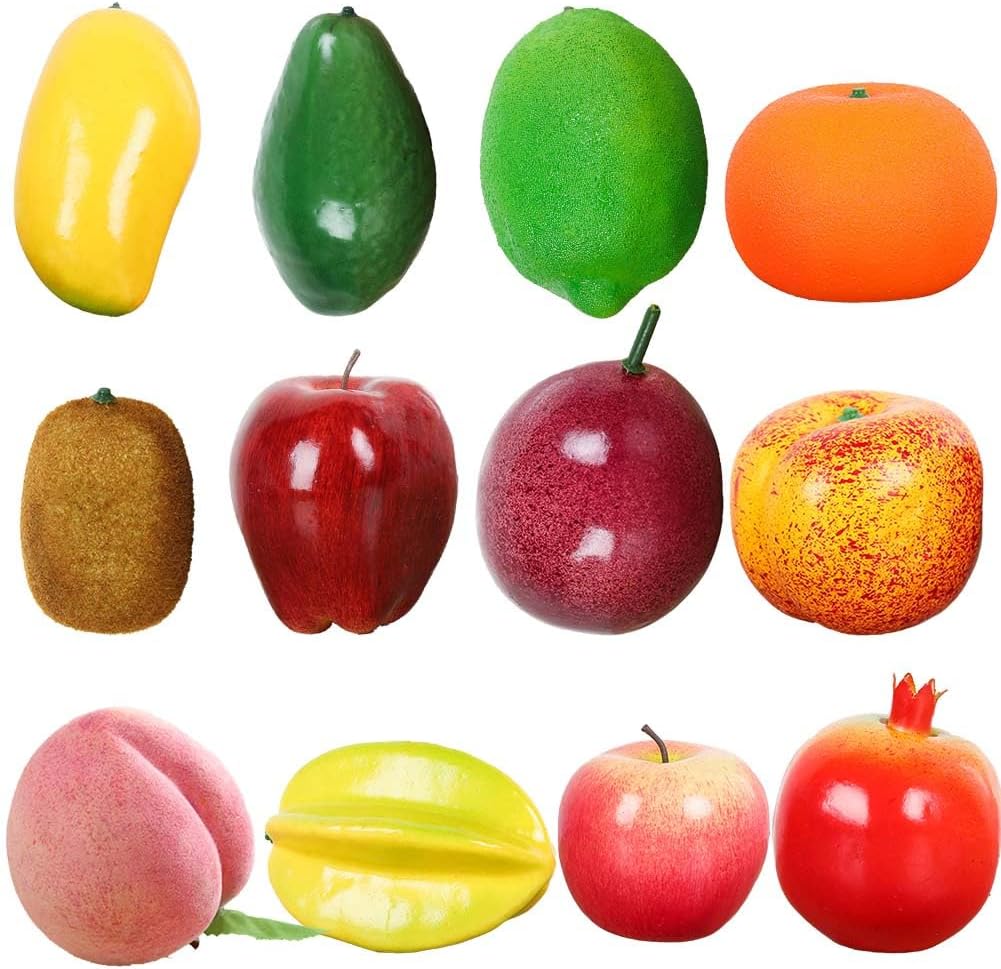 12 Pieces Lifelike Artificial Mixture Fruits Set Realistic Fake Lemon Orange Pomegranate Carambola Apple Peach Plum Kiwi Mango Avocado Passion Fruit, Style A