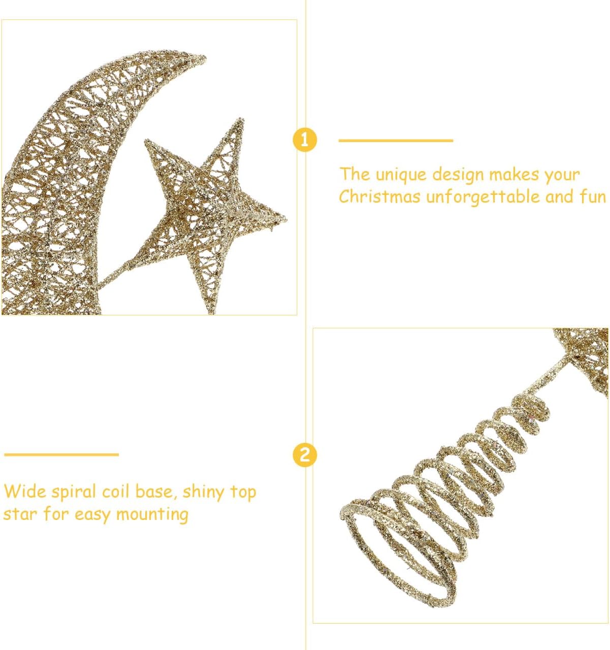 Angoily Iron Tree Topper Star Moon Christmas Tree Topper, Iron Moon and Star Ornament Glitter, 11.8 Inch 3D Christmas Table Lights Projector Wedding Birthday Holiday Party Decoration