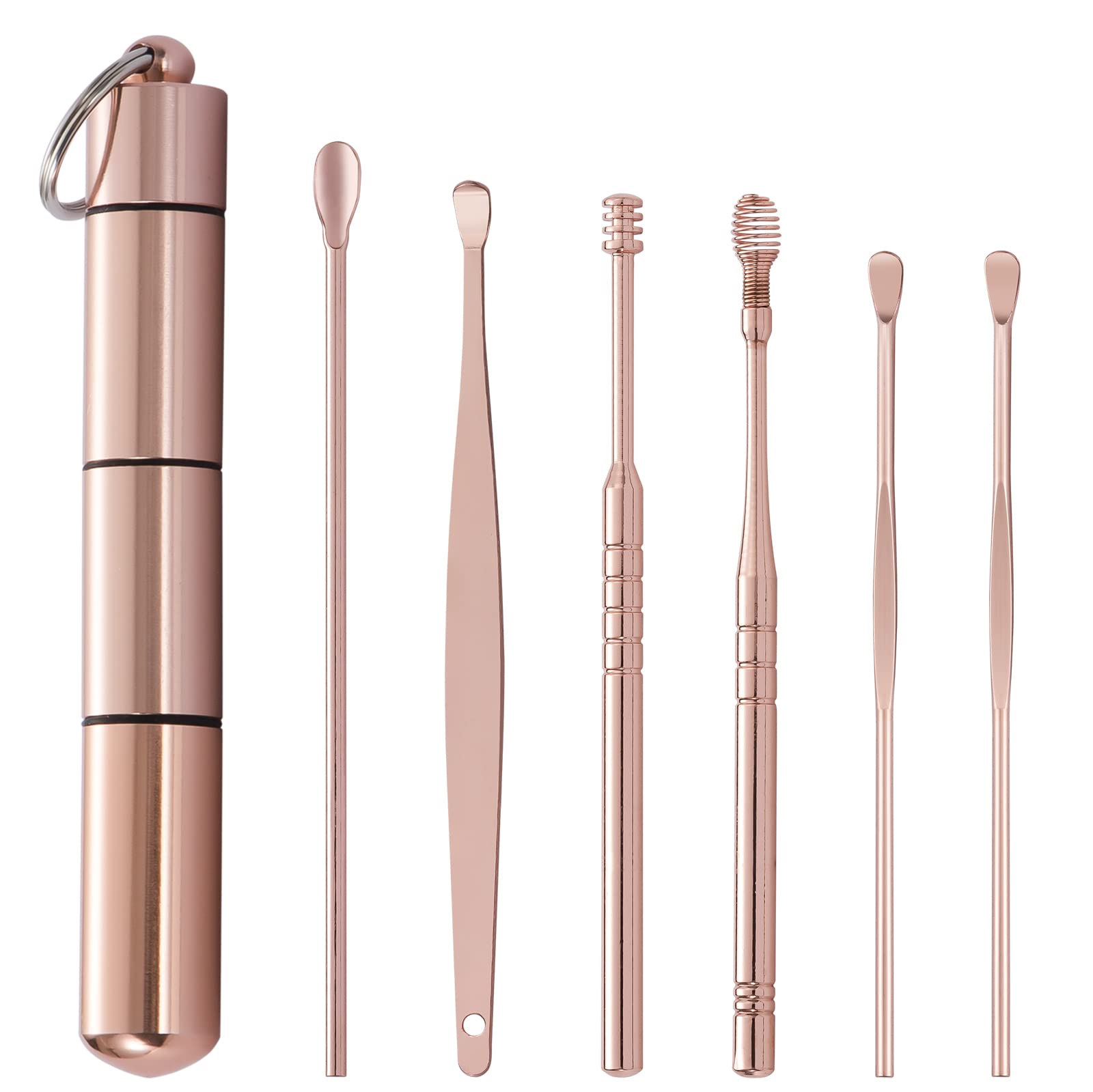 Ohrenschmalz Entferner Ohrenreiniger Werkzeug Edelstahl Ohrlöffel mit Metall Kleines Etui Ohr Pflege für Erwachsene Roségold 6 Stück