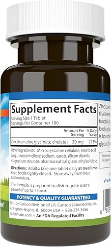 Miniatura 2 de Carlson - Zinc quelado, 30 mg - Absorción superior, apoyo inmunológico y función enzimática, antioxidante, 100 tabletas