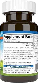 Carlson - Chelated Zinc, 30 mg - Superior Absorption, Immune Support & Enzyme Function, Antioxidant, 100 tablets