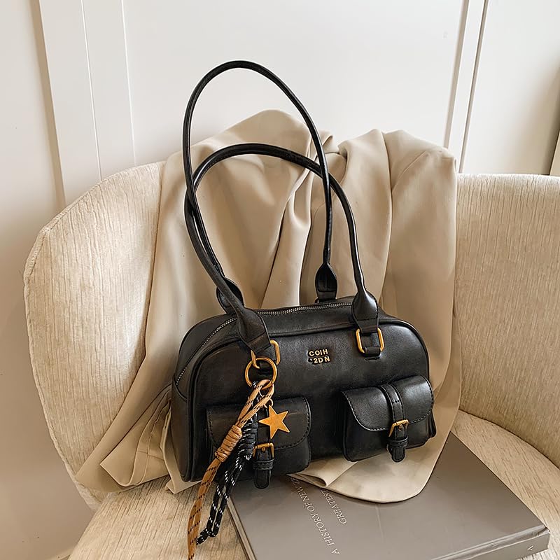 Women PU Leather Shoulder Bag Vintage Style Retro Top Handle Bag Leisure Double Front Pocket Handbag for Shopping Travel4