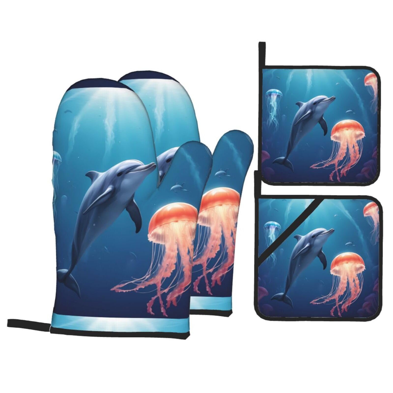 HJFCZH Dolphin and Jellyfish Encounter Picture Kitchen Baking Set of 4 Thick Insulated Oven Mitt & Pot Holders, Anti-Scalding for Microwave, Oven, Outdoor BBQ