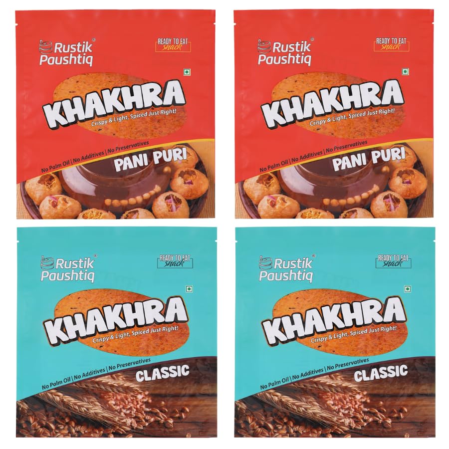 Image of RUSTIK PAUSHTIK Baked Khakhra Combo Pack - 200g x 4 Packets | 2 Panipuri & 2 Classic Flavour | Gujarati Snack | High Fiber Diet Snack | No Palm Oil | Ready to Eat Tea Time Snack | 800g
