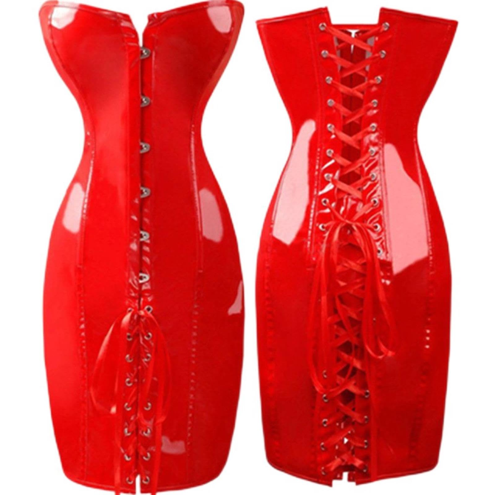 S-XXL Noir/Rouge Long Corset en Cuir Sexy Gothique Corset Robe en Cuir PVC Squelette Corset Top Dentelle Clubwear Corset-Noir,M
