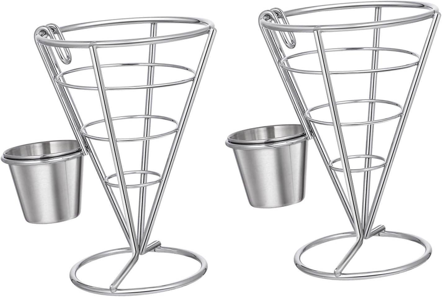 Yardwe 2Pcs French Fry Cone Stands with Sauce Dippers, Stainless Steel Snack Serving Rack for Fries, Chips, Popcorn, and Appetizers, Ideal for Kitchen, Restaurant, Buffet, and Parties