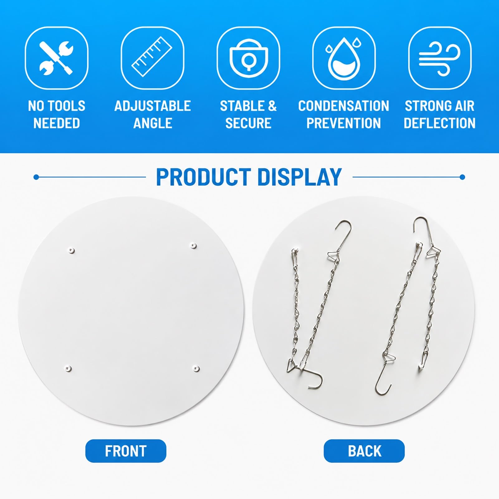 Deflettore AC rotondo da soffitto con ganci a catena, Diametro 20–60cm(45x45cm/17.7x17.7in)