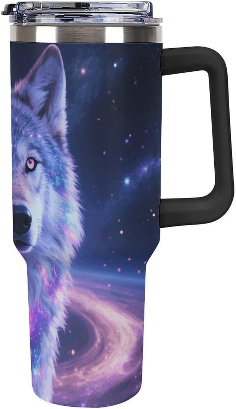 40 Oz Stainless Steel Tumbler with Straw - Leakproof Lid | BPA-Free | Cup Holder Friendly, Galaxy Wolf Coffee Cup Vacuum Insulated Travel Mug for Hot & Cold Drinks