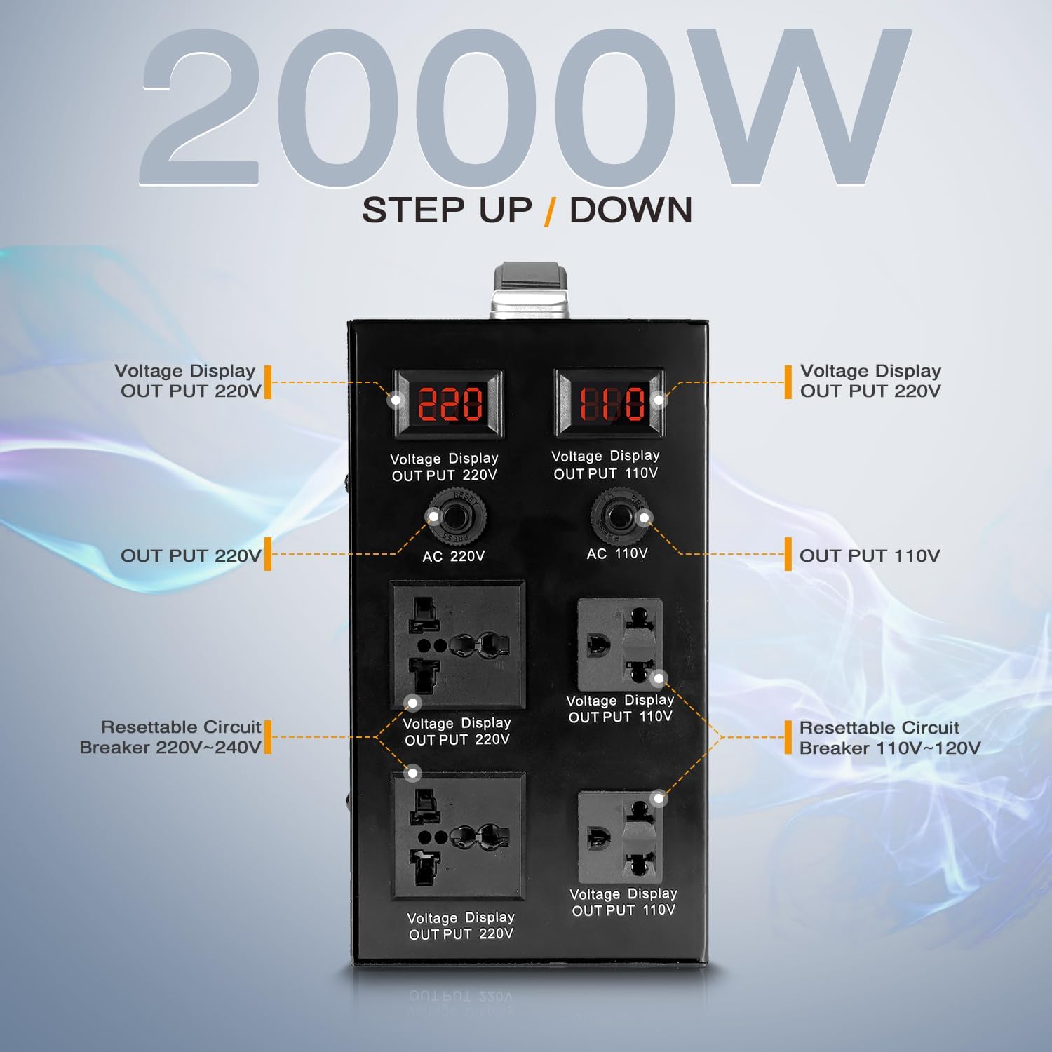 Voltage Converter Transformer 110V to 220V/220V to 110V International Universal Voltage Converter US to Europe Power Strip Plug Transformer Step Down Outlet Converters (2000, Watts)