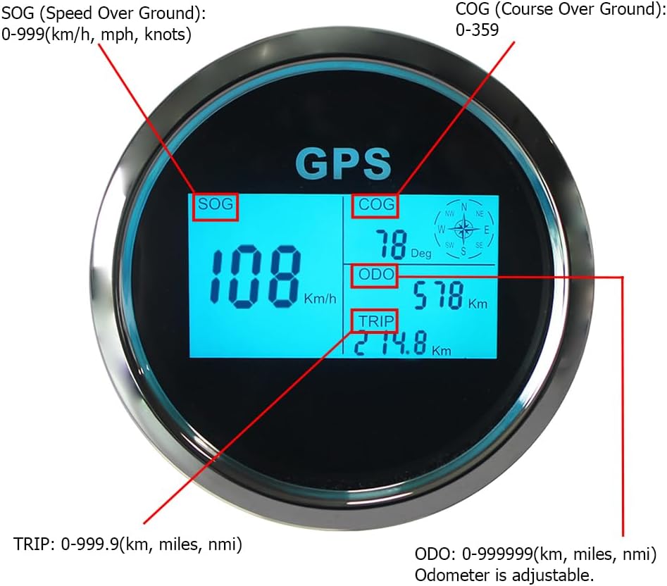 3 3/8" Diameter Auto Digital GPS Speedometer 0-999 MPH KM/H Knots Odometer Adjustable with 7 Backlights 12VDC 24V for Motorbike Boat Truck Racing Car (Black&Silver)