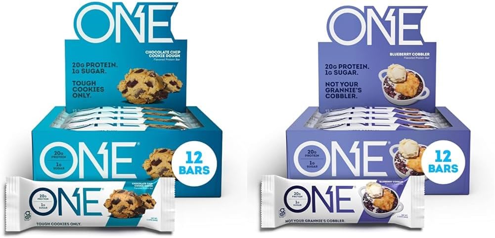 ONE Protein Bars, Chocolate Chip Cookie Dough, Gluten Free Protein Bars with 20g Protein & Protein Bars, Blueberry Cobbler, Gluten Free Protein Bars with 20g Protein and only 1g Sugar